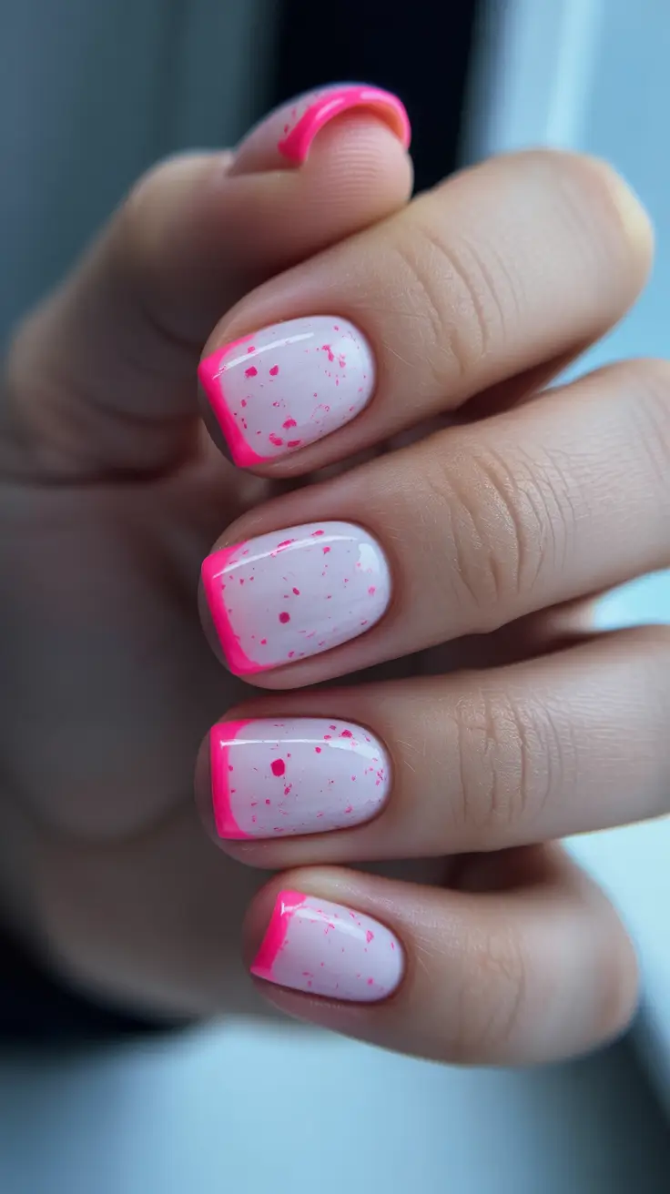 cute nails inspiration 2026 Neon Pink Speckled French