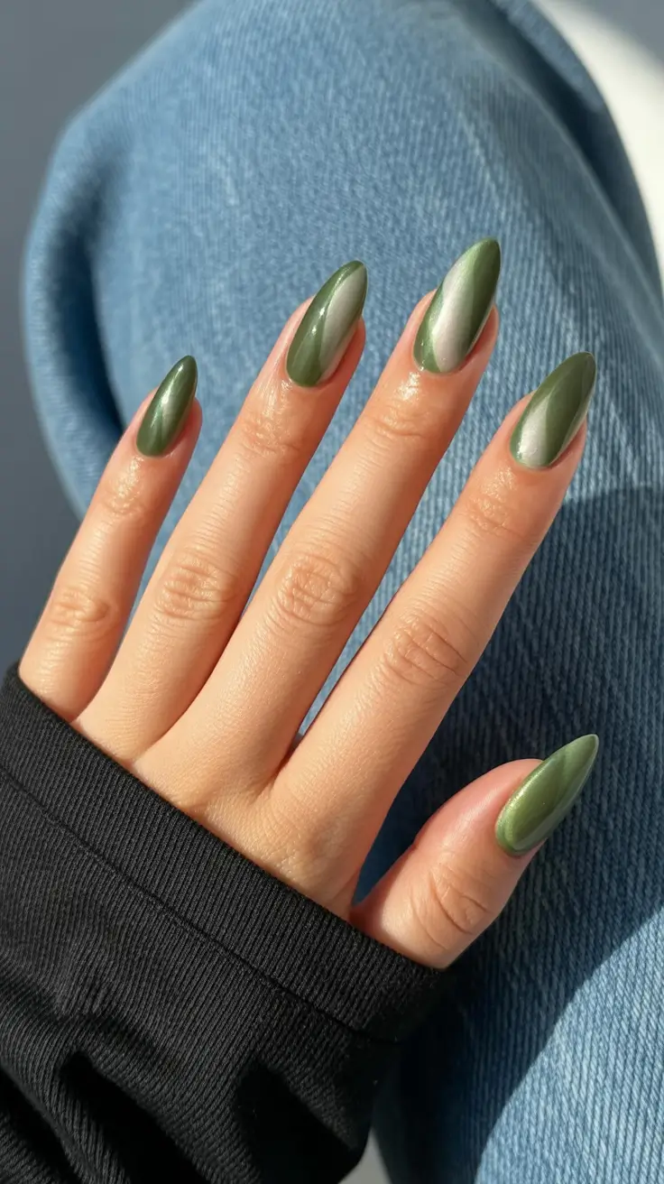 Elegant almond nails 2026 Olive Cat Eye Shimmer for Subtle Dimension