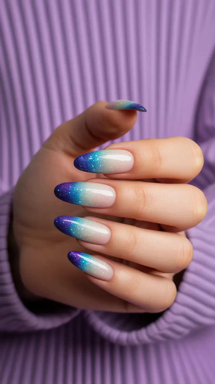 Elegant almond nails 2026 Galaxy Ombre Sparkle for Celestial Summer Nights