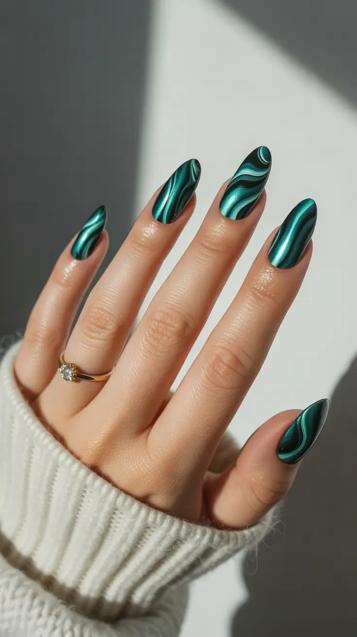 Elegant almond nails 2026 Emerald Marble Chrome for Luxurious Depth