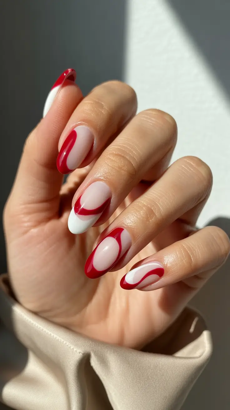Elegant almond nails 2026 Red & White Flowing Waves for Modern Contrast
