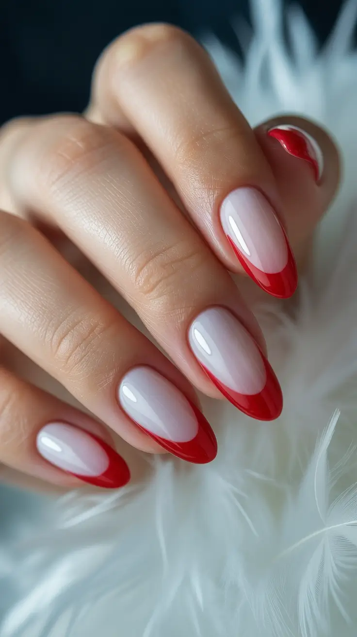 Elegant almond nails 2026 Soft Red French with a Cool Rosy Glow