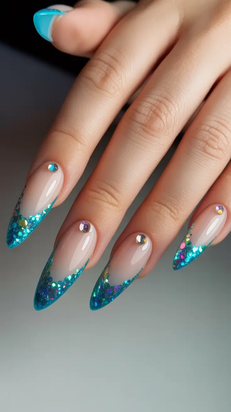 Elegant almond nails 2026 Mermaid Sparkle French with Crystal Accents