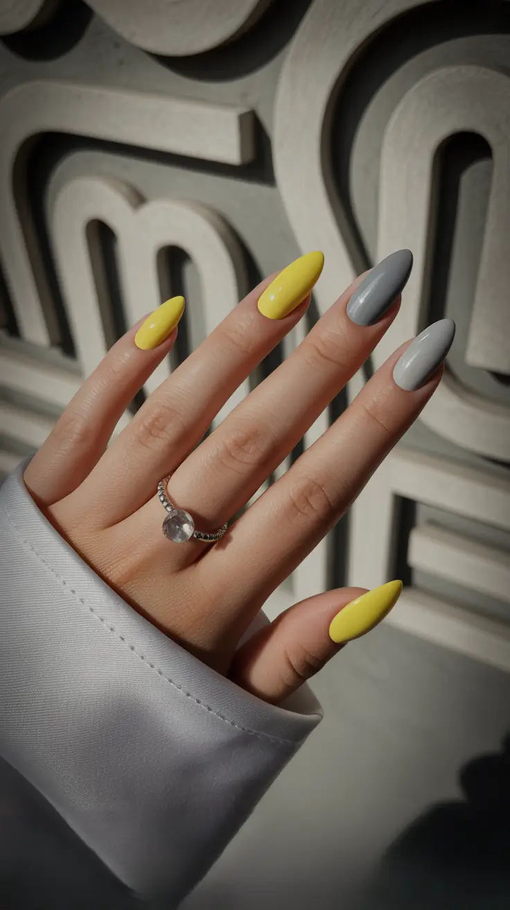 Elegant almond nails 2026 Sunlit Yellow and Soft Gray for Playful Contrast