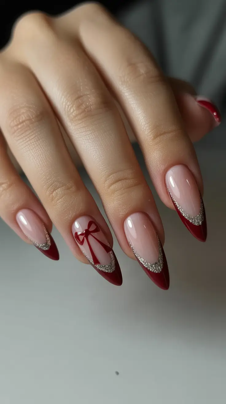 Elegant almond nails 2026 Crimson Ribbon French for a Festive Twist