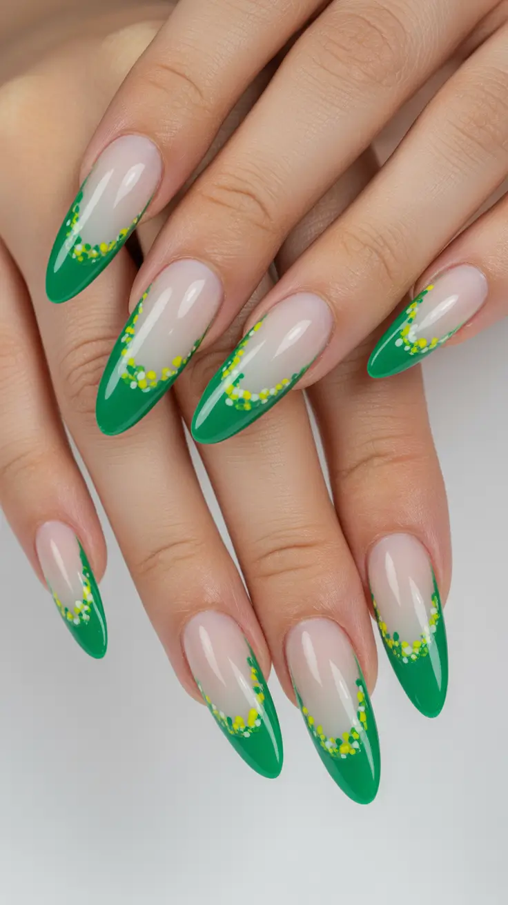 Elegant almond nails 2026 Fresh Green French Tip with Soft Floral Art