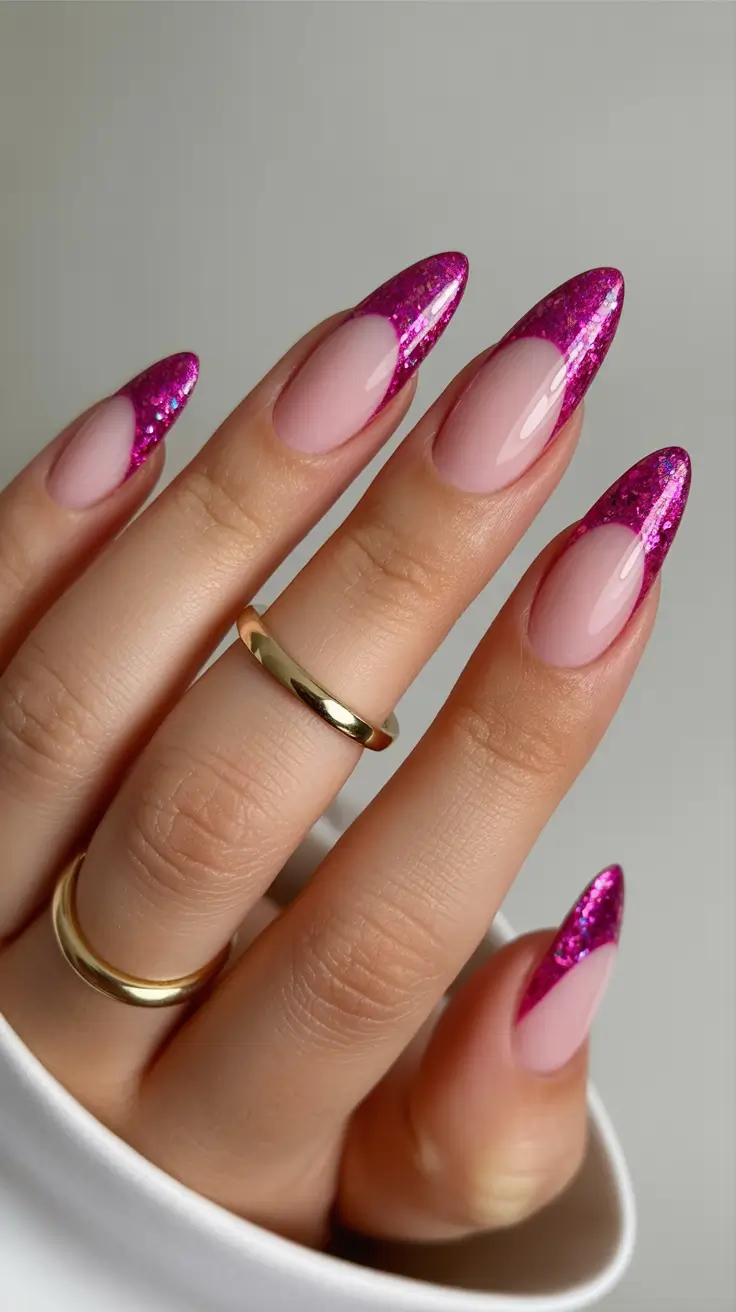 Elegant almond nails 2026 Magenta Glitter Tips for Modern Party Energy