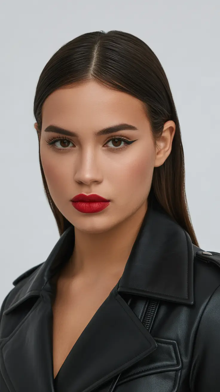 Flattering haircuts for round face shape 2026 Glossy Long Layers with Sleek Middle Part