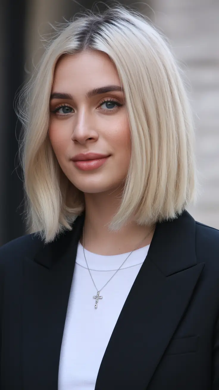 Flattering haircuts for round face shape 2026 Platinum Precision Bob