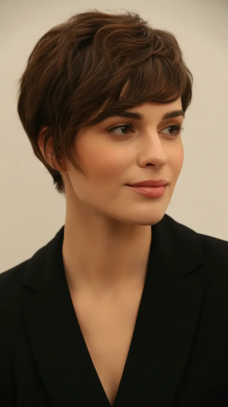 Flattering haircuts for round face shape 2026 Textured Pixie Elegance