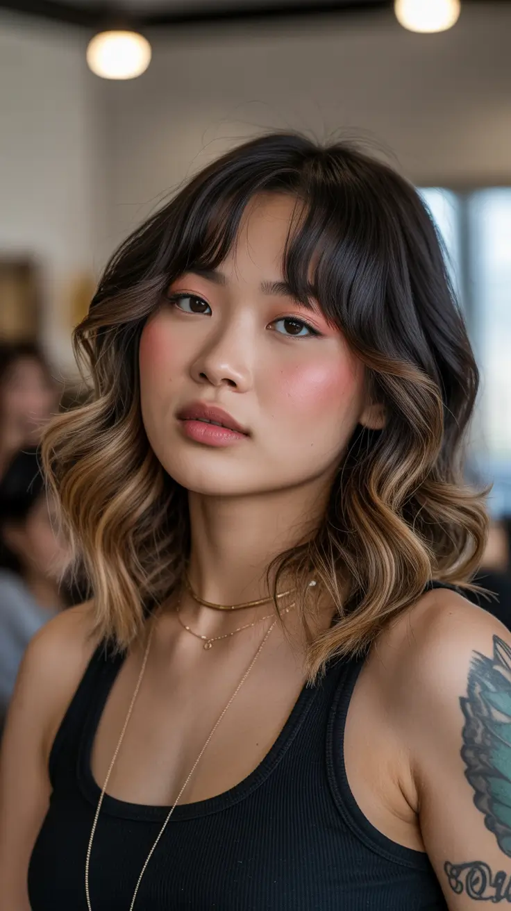 Flattering haircuts for round face shape 2026 Soft Balayage Waves with Bangs