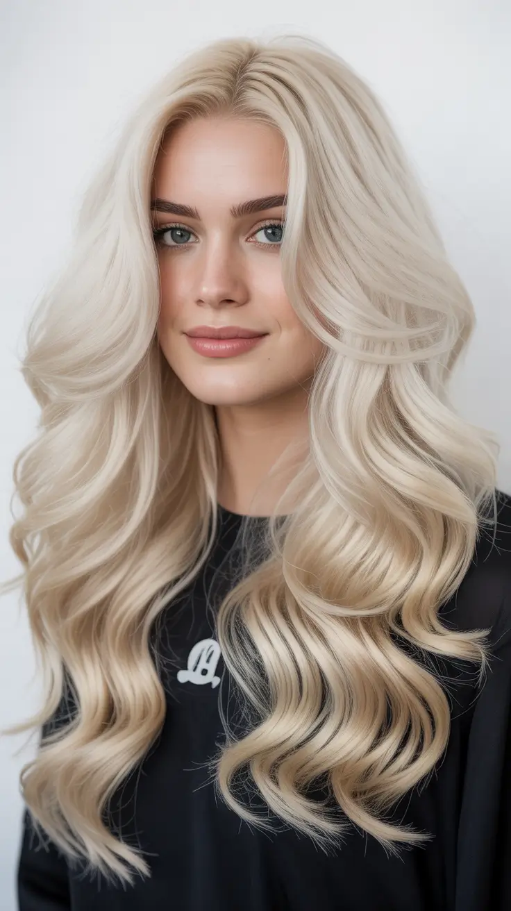 Flattering haircuts for round face shape 2026 Platinum Long Glamour Waves
