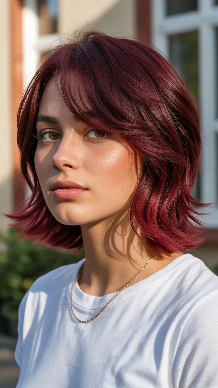 Flattering haircuts for round face shape 2026 Berry-Toned Modern Bob