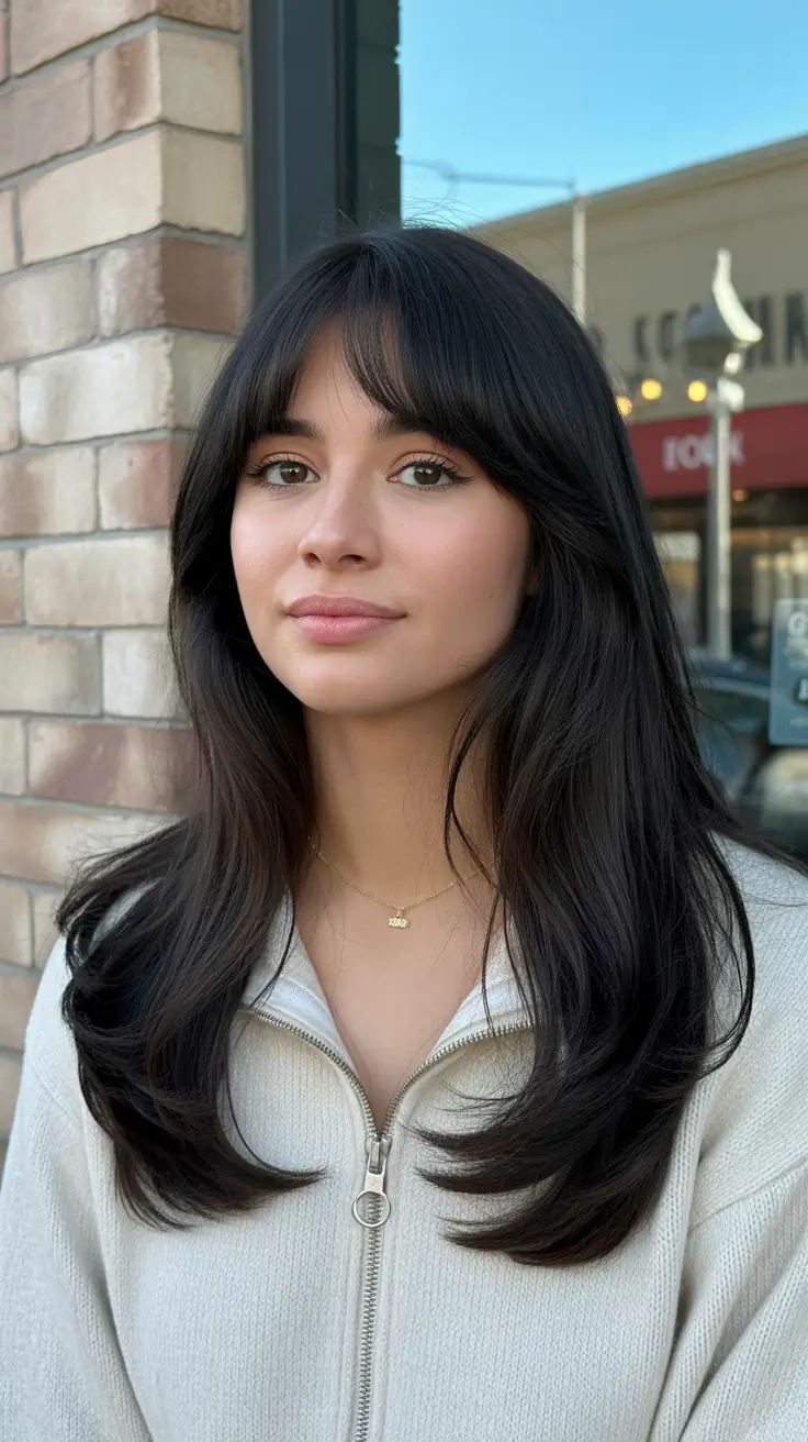 Flattering haircuts for round face shape 2026 Layered Lob with Soft Bangs
