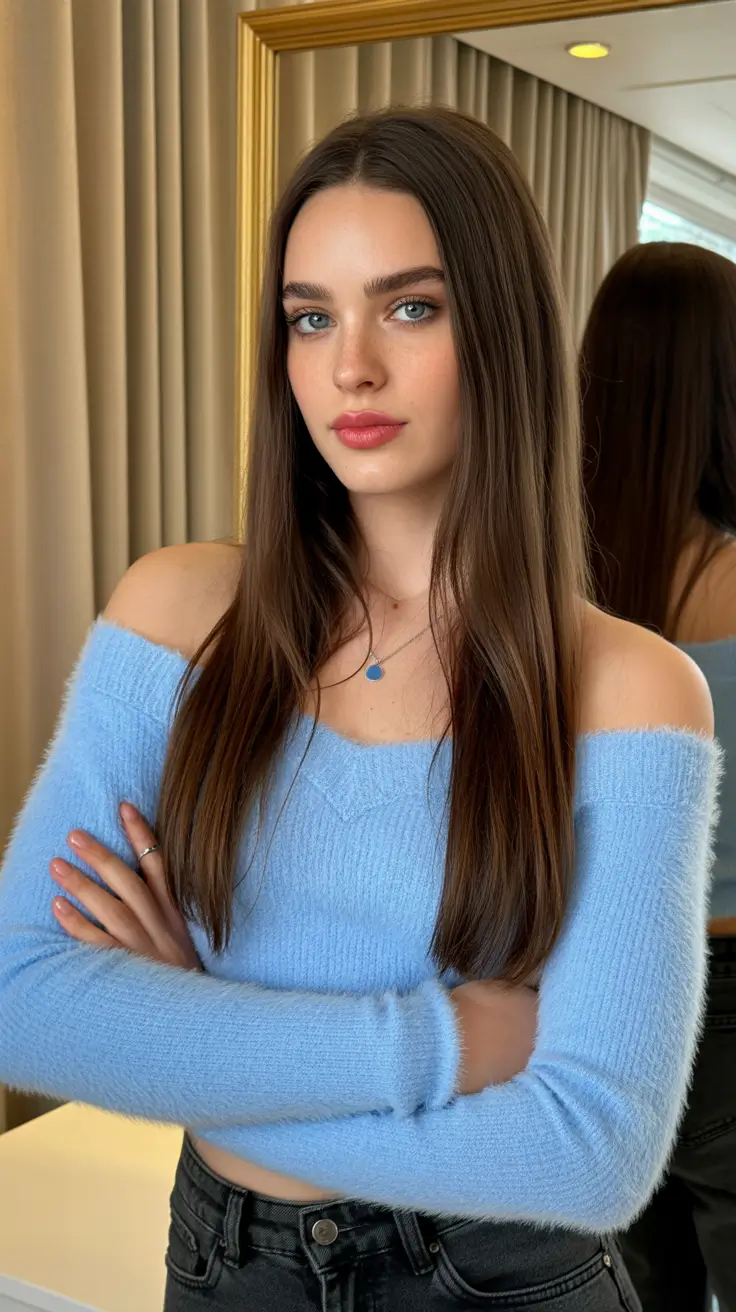 Flattering haircuts for round face shape 2026 Silky Straight Serenity