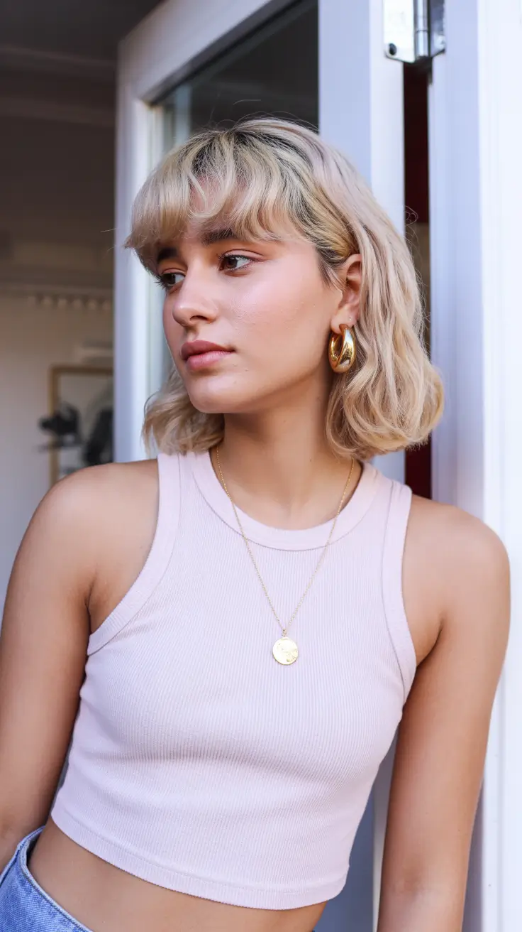 Flattering haircuts for round face shape 2026 Curly Bob with Soft Bangs