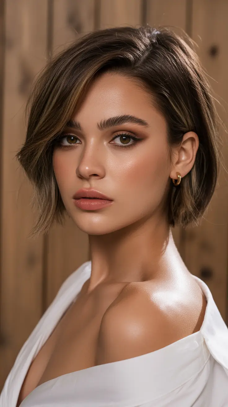 Flattering haircuts for round face shape 2026 Polished Asymmetrical Bob