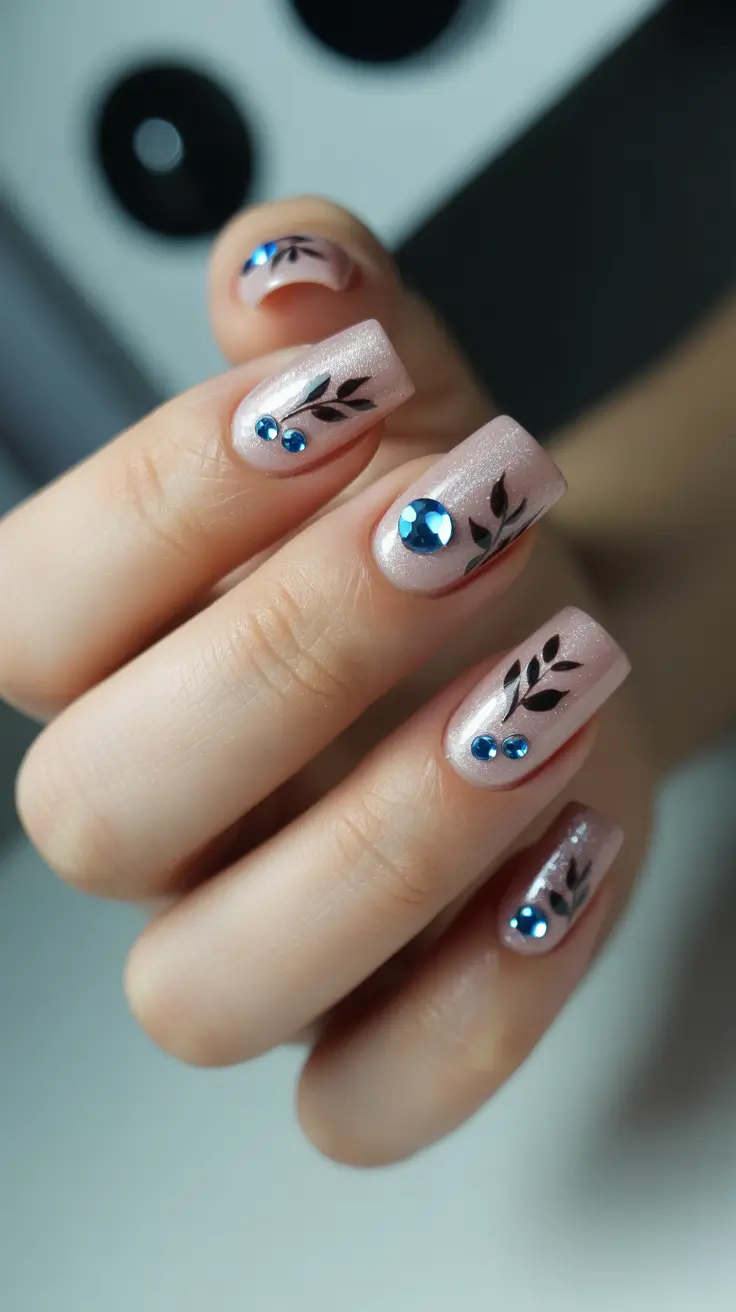 gel nail designs 2026 Shimmer Nude Leafy Art