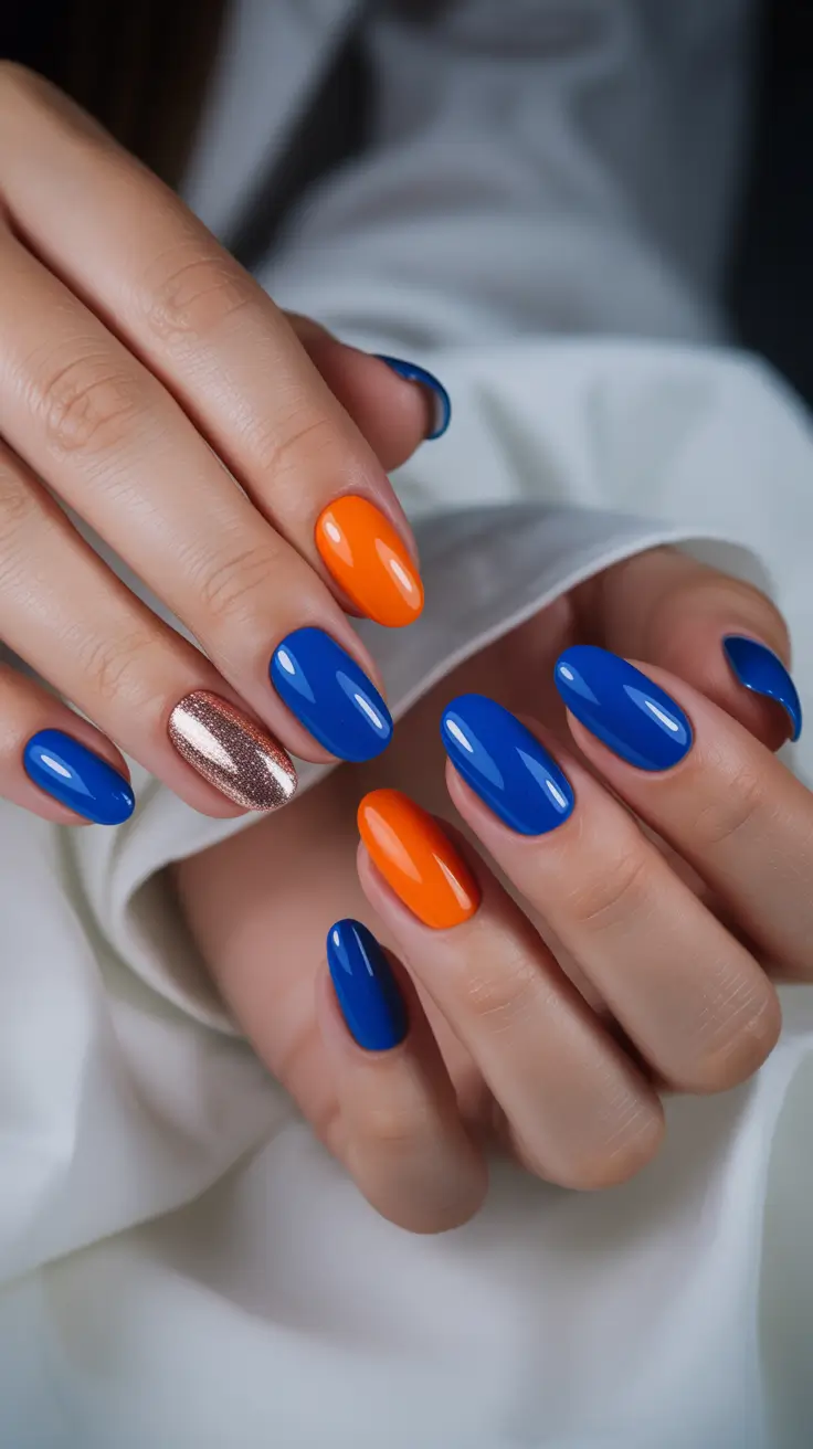 gel nail designs 2026 Blue Orange Metallic Duo