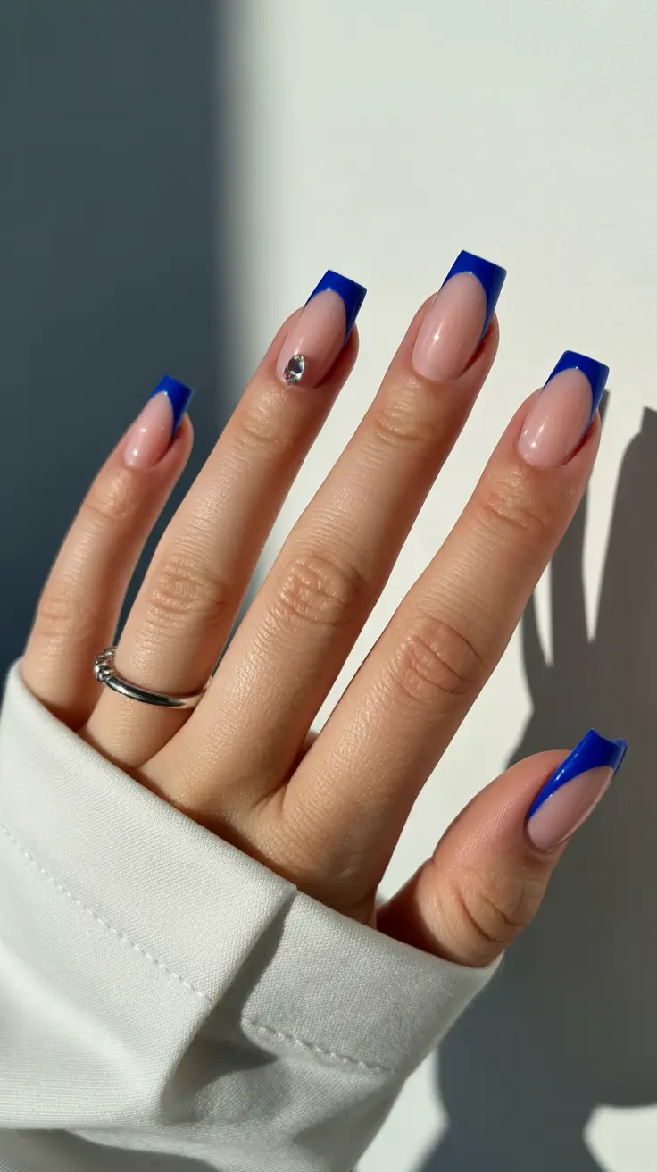 gel nail designs 2026 Blue French Tip Crystal