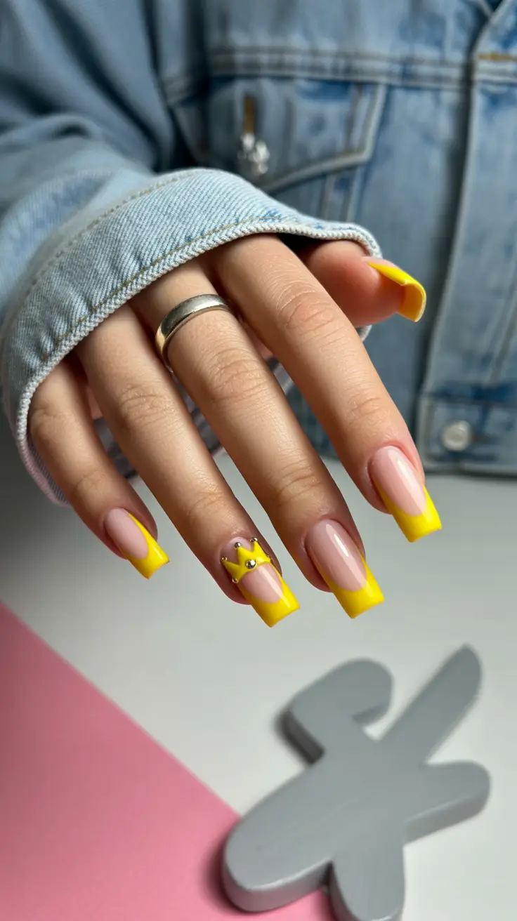 gel nail designs 2026 Yellow French Crown