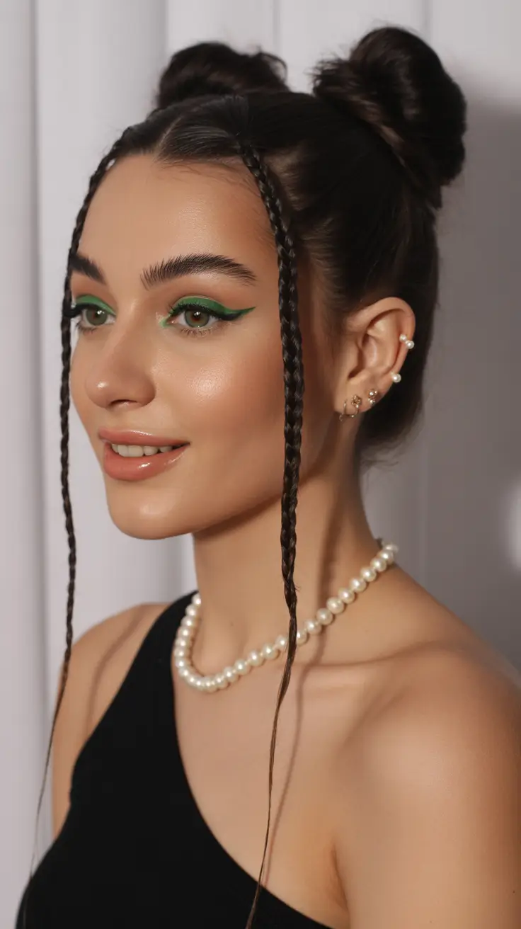 Latest cute hair trends 2026 Playful Twin Buns With Face-Framing Braids