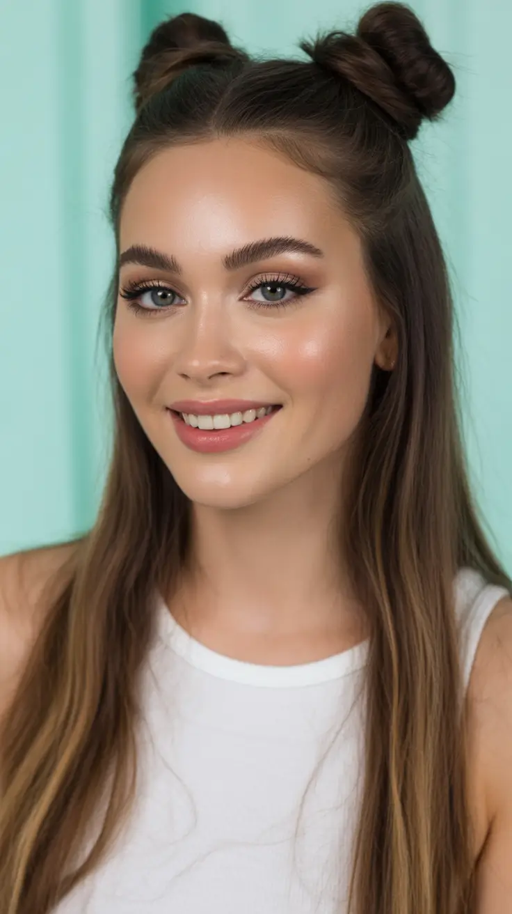 Latest cute hair trends 2026 Sweet Double Mini Buns With Long Loose Lengths