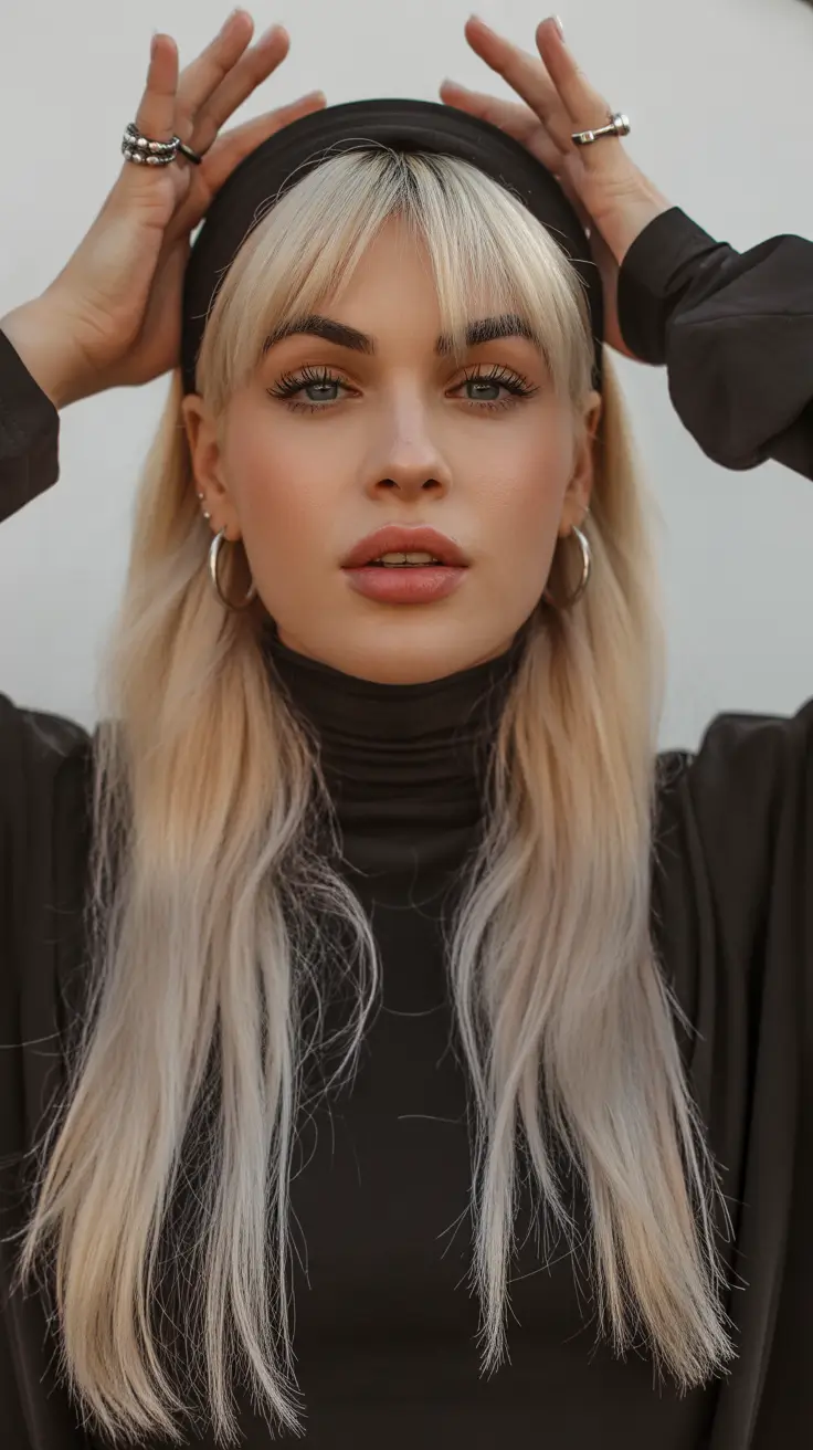 Latest cute hair trends 2026 Soft Blonde Layers With Curtain Bangs and Retro Headband