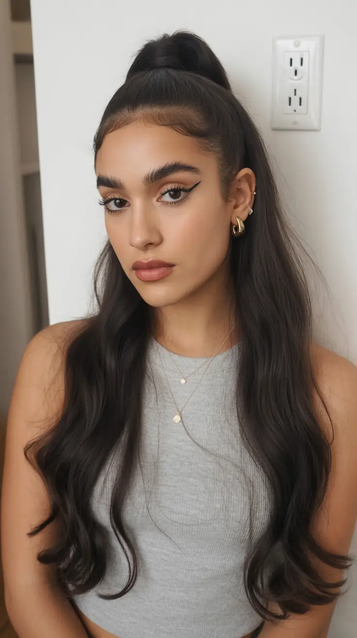 Latest cute hair trends 2026 High Wavy Ponytail With Sleek Edges