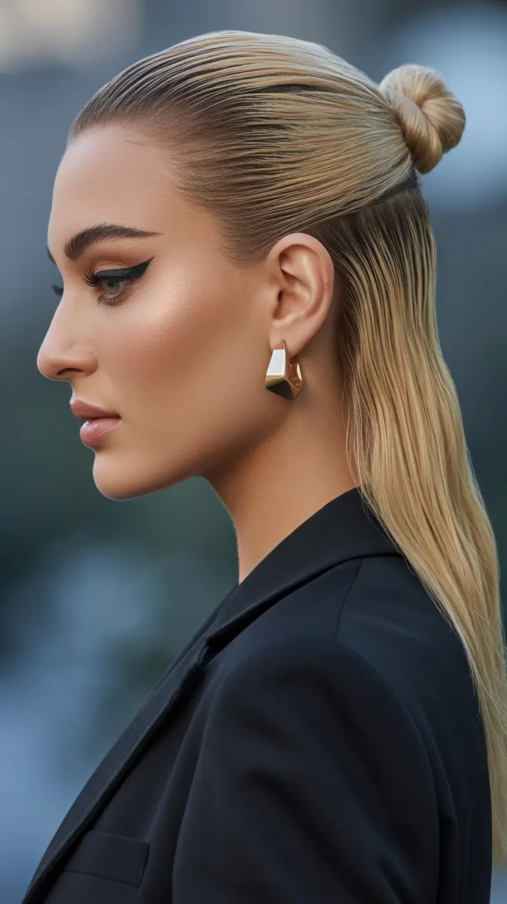 Latest cute hair trends 2026 Sleek Half Up Knot With Wet-Shine Texture