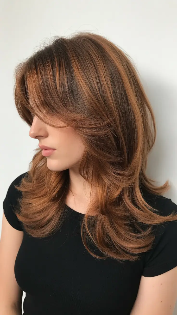 Layered haircuts for long hair 2026 Layered Auburn Blowout with Side Fringe