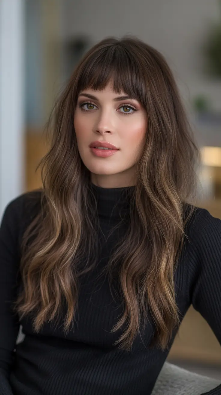 Layered haircuts for long hair 2026 Textured Brunette with Modern Bangs