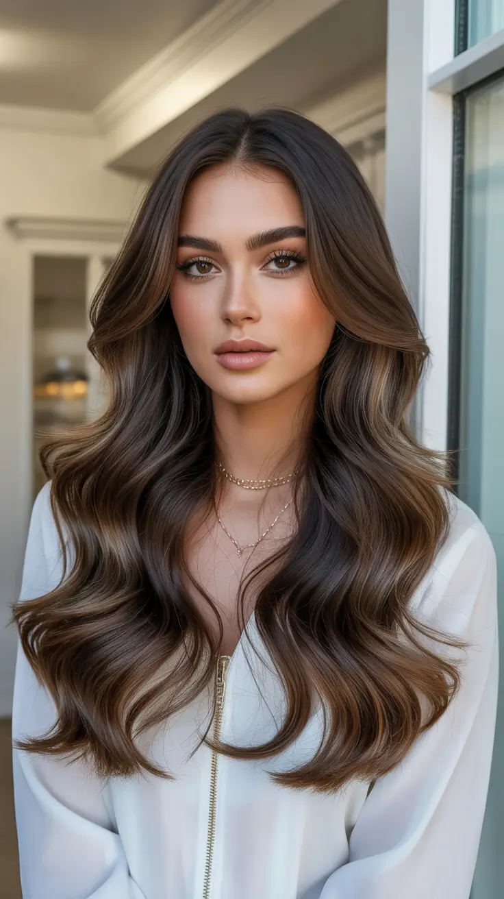 Layered haircuts for long hair 2026 Classic Chocolate Waves with Middle Part