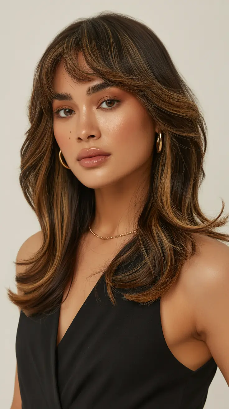 Layered haircuts for long hair 2026 Soft Layers with Curtain Bangs and Warm Tones