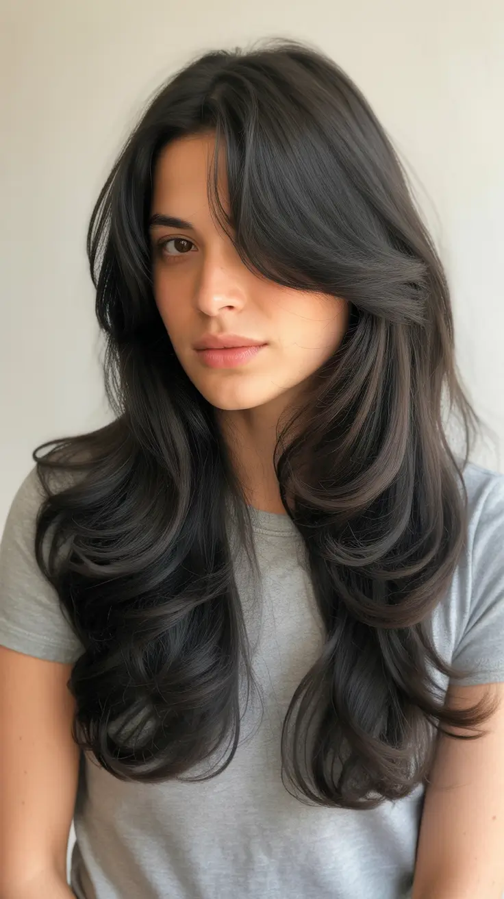 Layered haircuts for long hair 2026 Glossy Charcoal Layers with Side Part
