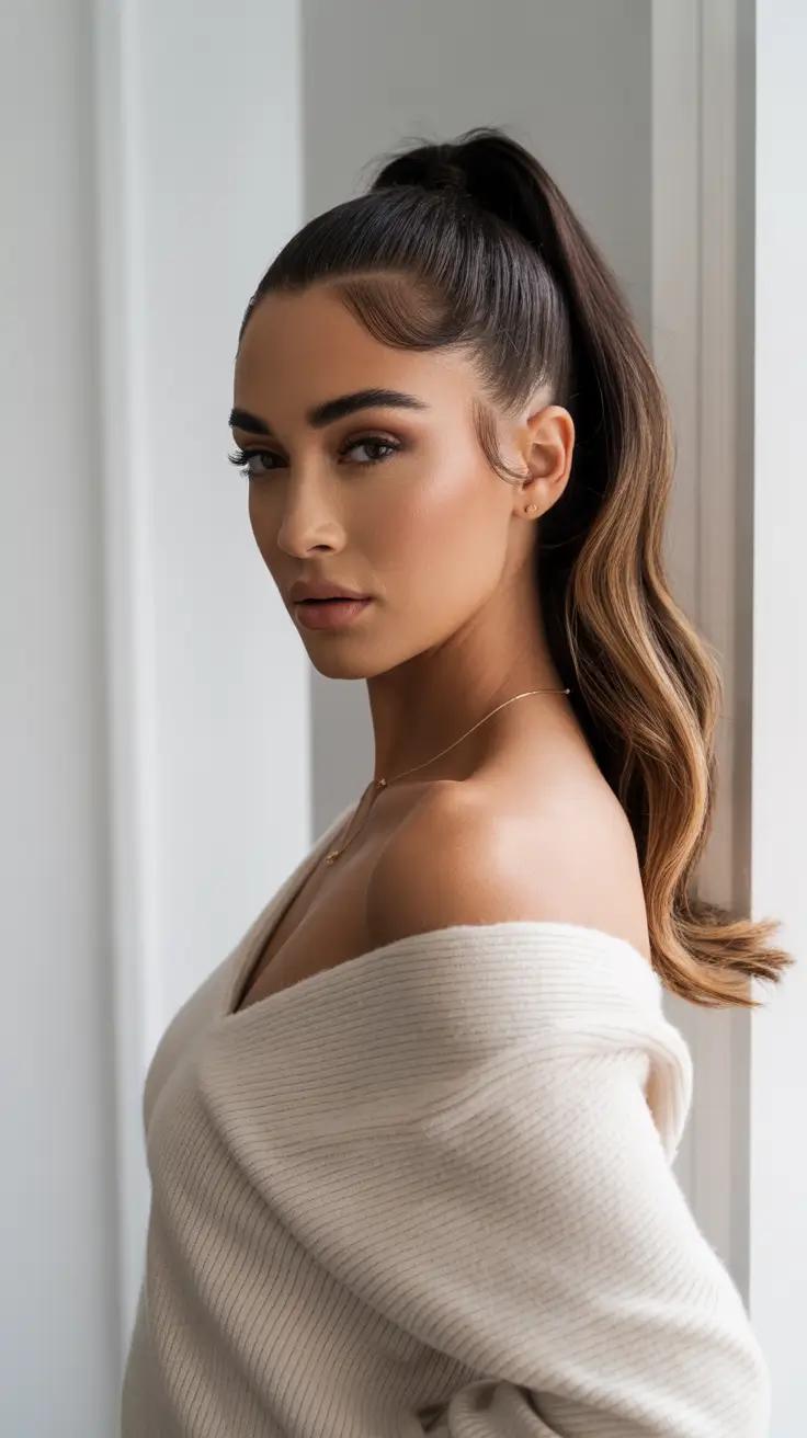 Medium length hair ideas 2026 High Ponytail With Subtle Chestnut Highlights