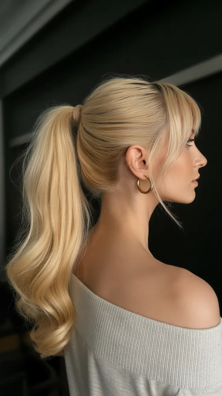 Medium length hair ideas 2026 Classic Blonde Ponytail With Full Fringe