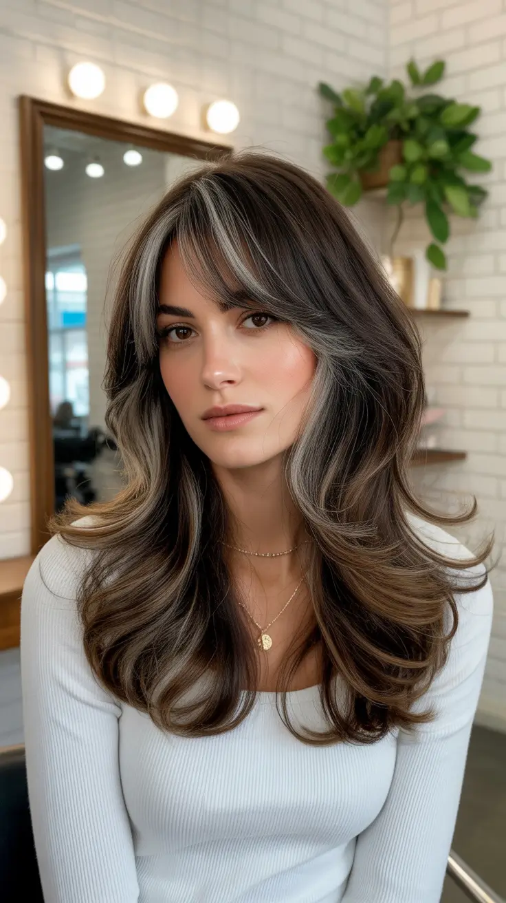Medium length hair ideas 2026 Layered Brunette Cut With Statement Money Piece