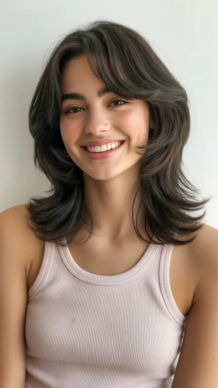 Medium length hair ideas 2026 Feathered Medium-Length Shag With Soft Curtain Bangs