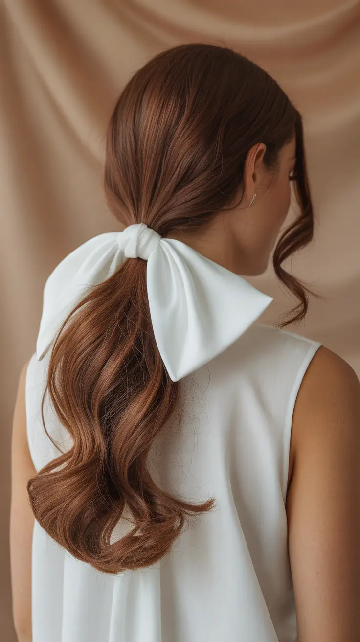 Medium length hair ideas 2026 Soft Ribbon-Tied Low Pony With Gentle Waves