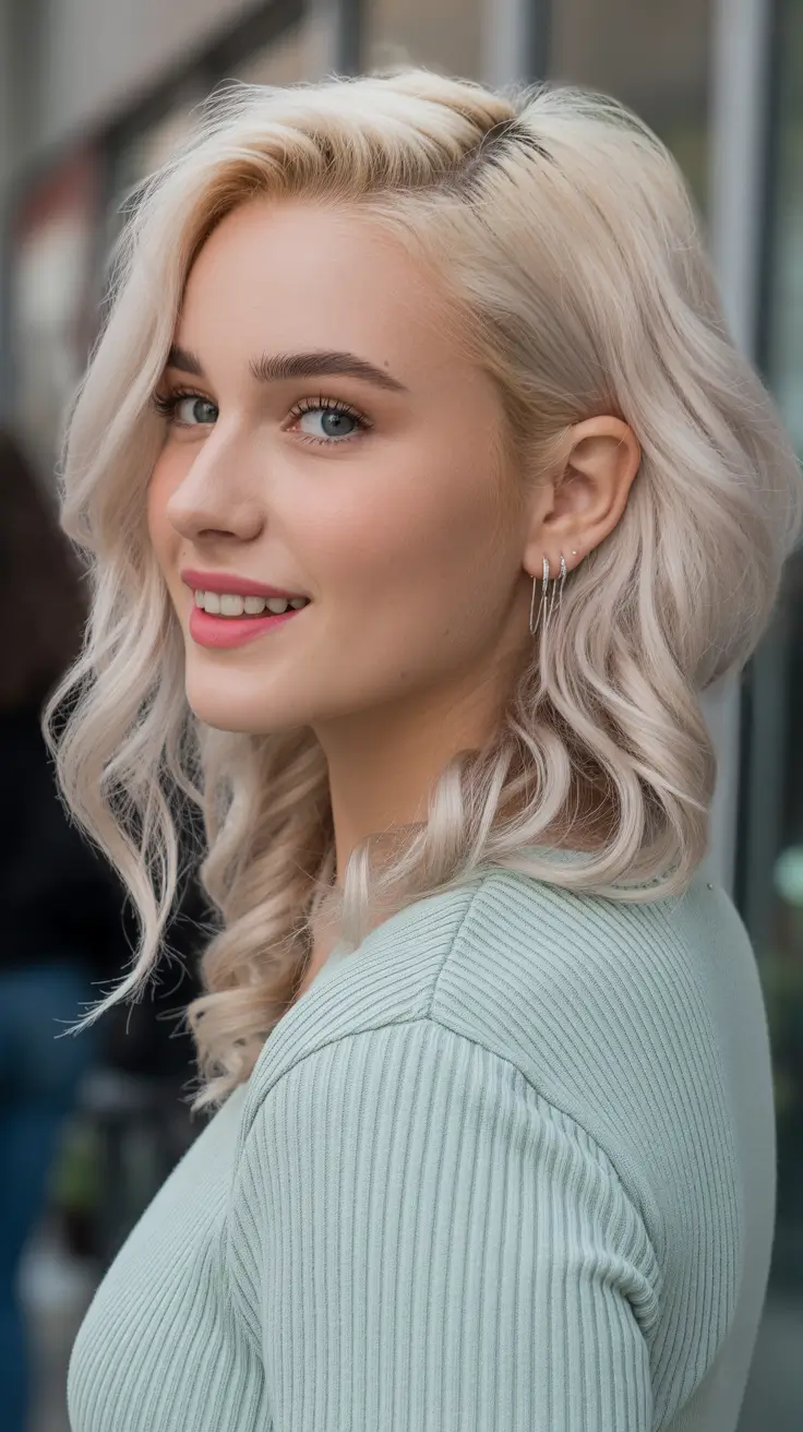 Medium length hair ideas 2026 Bright Blonde Waves With Side Part Definition