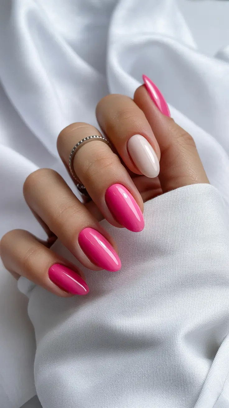 minimalist simple nails 2026 Pink & Soft White Almond Duo