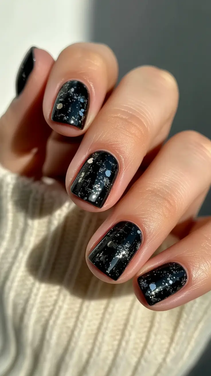 minimalist simple nails 2026 Galaxy Black Short Sparkle