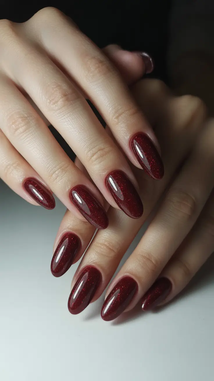 minimalist simple nails 2026 Wine-Red Almond Sparkle