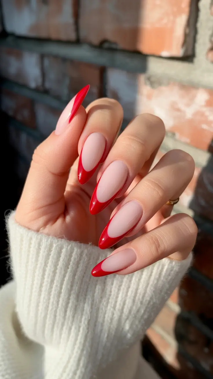 minimalist simple nails 2026 Red-Tipped Almond Elegance