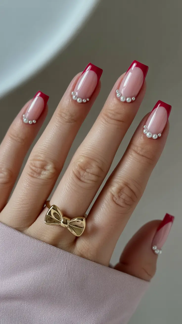modern French nails 2026 Cherry French With Pearl Detailing
