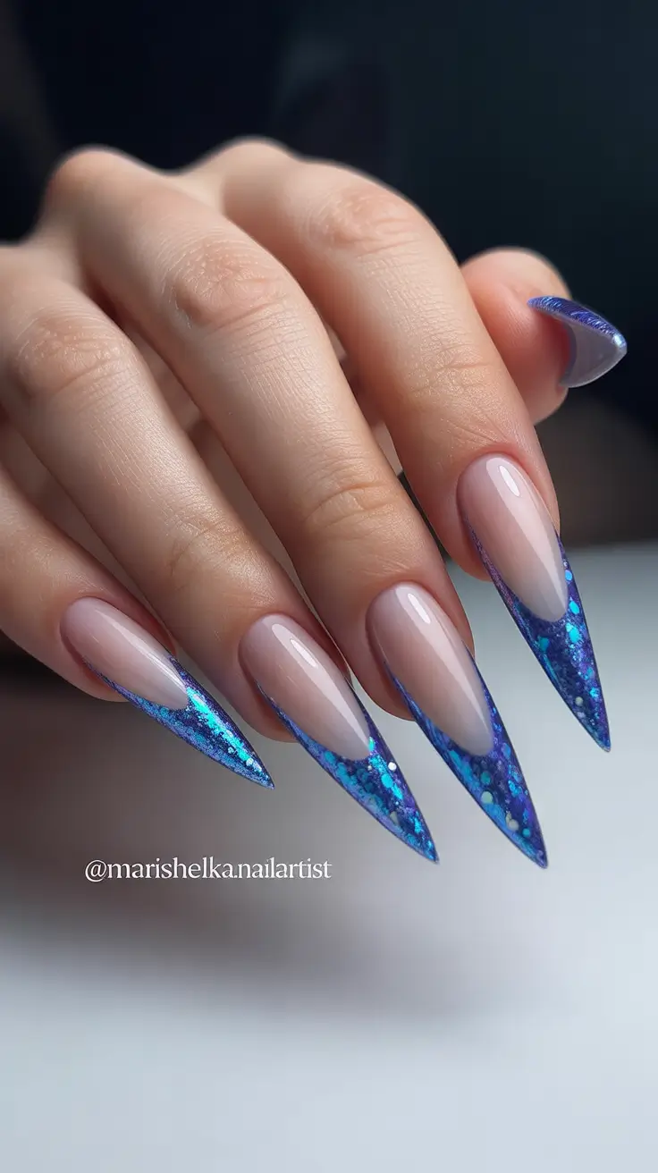 modern French nails 2026 Electric Blue Stiletto Glitter French