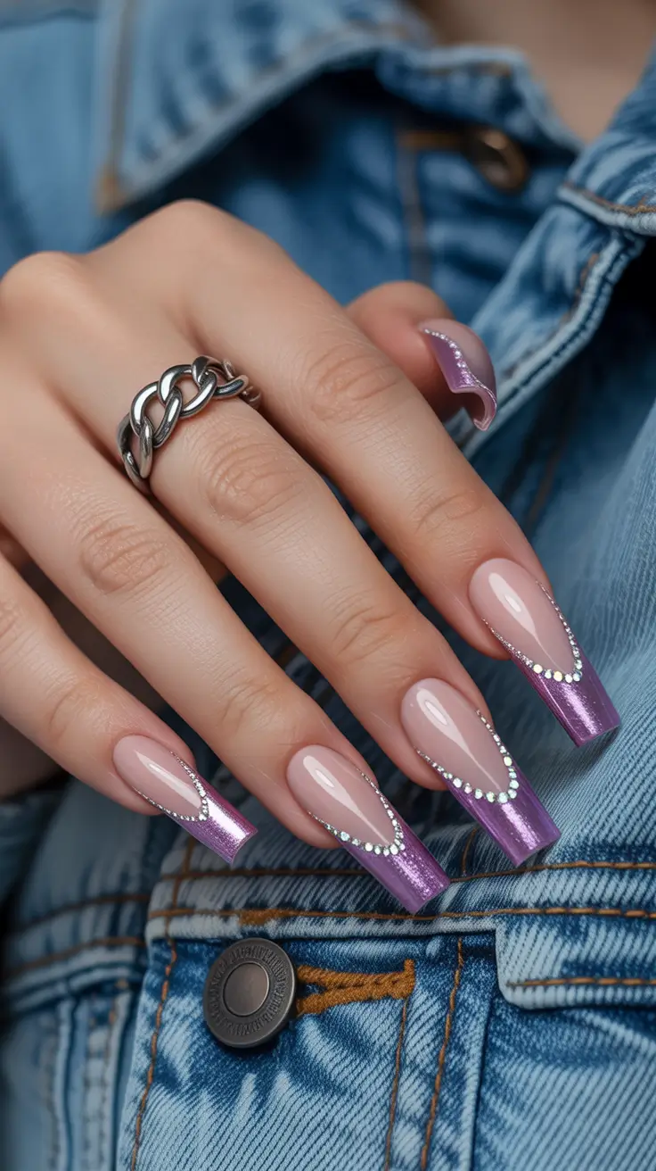 modern French nails 2026 Violet Metallic French With Crystal Waves