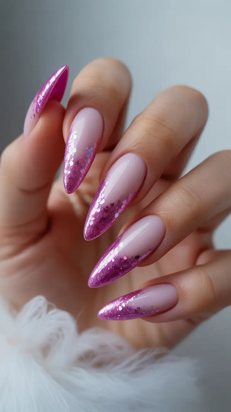 modern French nails 2026 Magenta Glitter French Fade