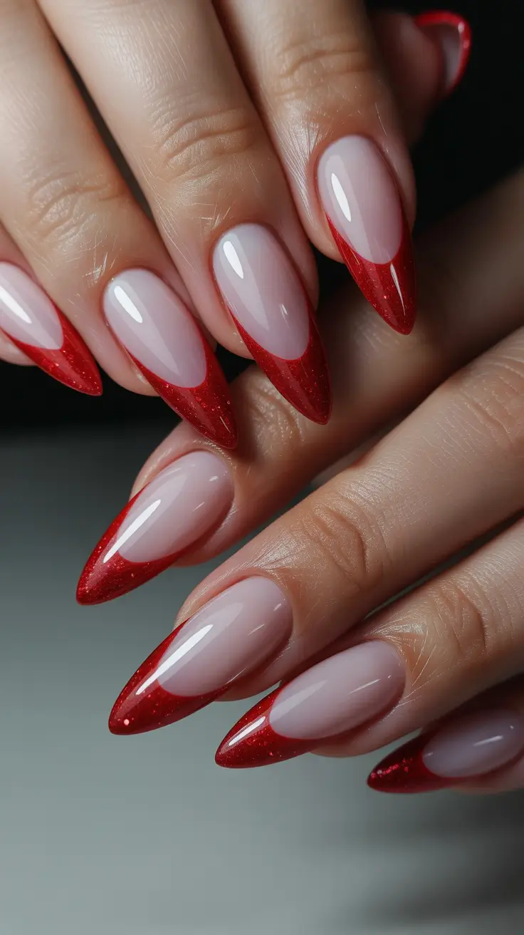modern French nails 2026 Ruby Sparkle Stiletto French